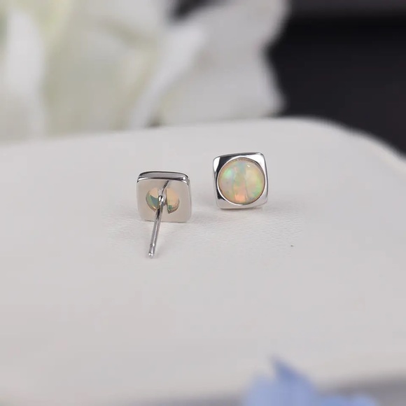 Natural Ethiopia Real Opal Ear Studs - Rainbows Opal Sterling Silver Earrings - Picture 9 of 12